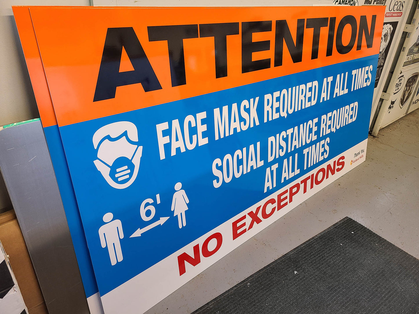 Aluminum signs. Large 8'x4' aluminum sign with laminated graphics. Outdoor durable social distancing sign.