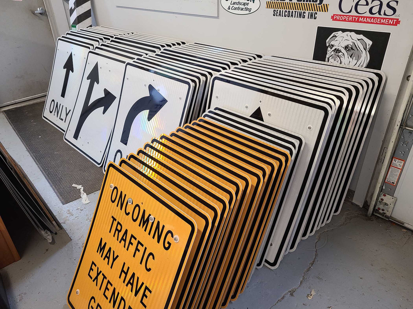 Aluminum traffic signs. Hi intensity reflective traffic signs. Turn only signs and oncoming traffic signs.