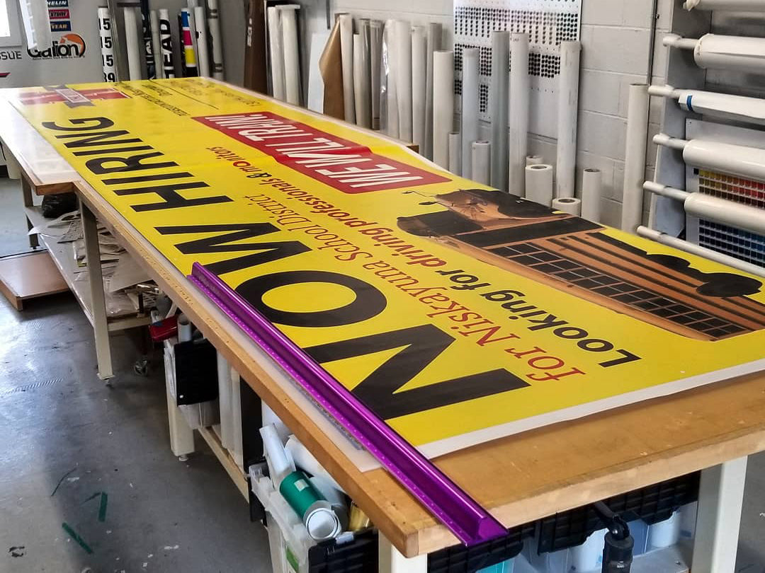 Large printed outdoor banner. Heavy duty vinyl banner is durable for outdoor use.