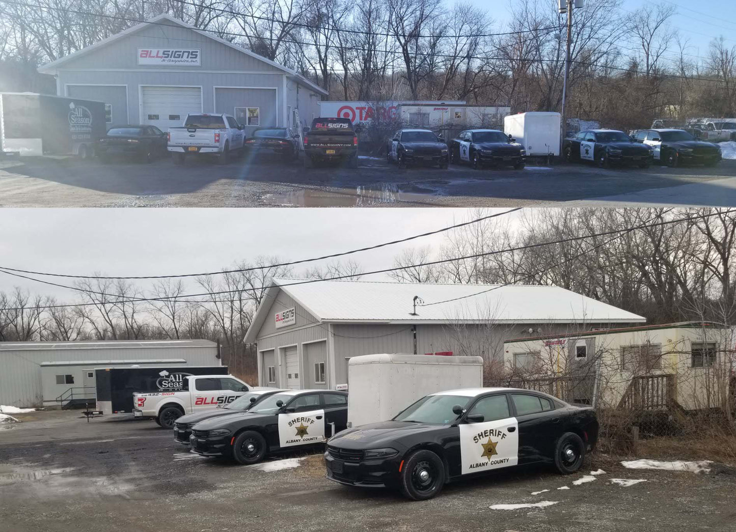 Fleet of sheriff vehicle lettering manufactured and installed by All Signs & Graphics Inc.  White vinyl door wraps with reflective and gold leaf vinyl decals installed. 